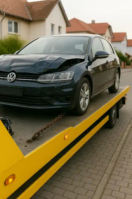 Defektes Fahrzeug wird für den Autoankauf in Gummersbach professionell abgeschleppt.